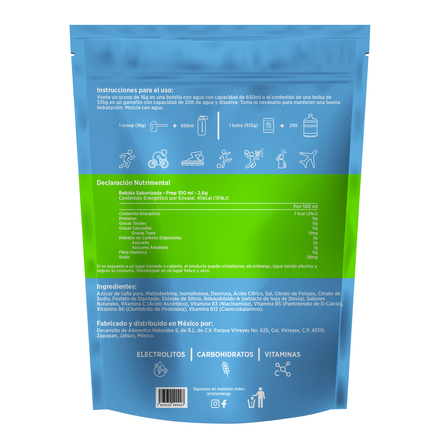 Electrolitos en Polvo + Vitaminas + Carbohidratos sabor Fresa-Limón
