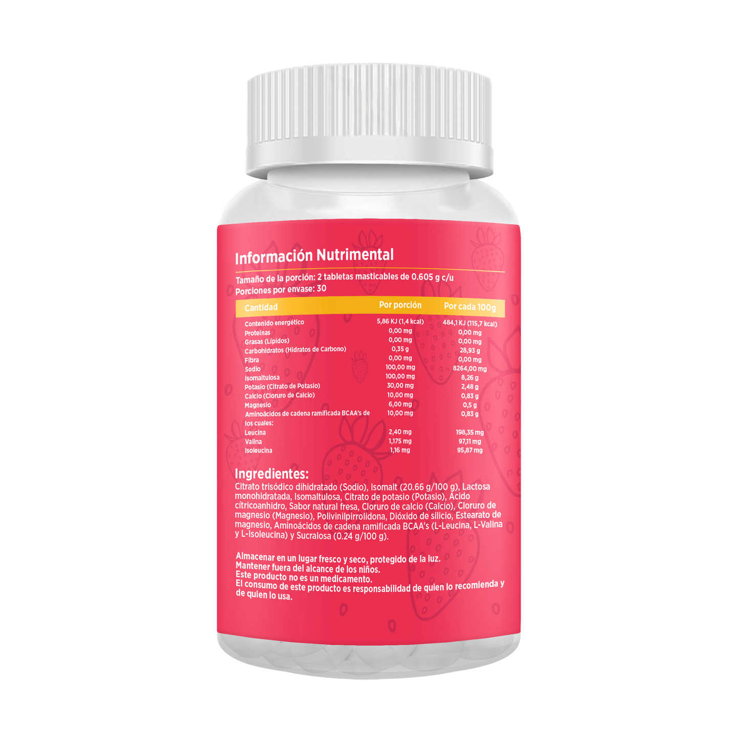 Electrolitos Masticables sabor Fresa | Frasco con 60 tabletas (30 dosis)