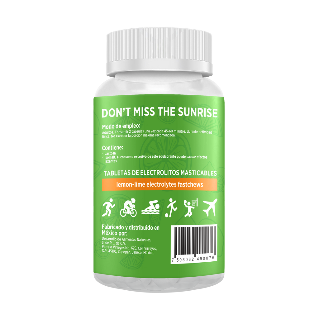 Electrolitos Masticables sabor Lima-Limón | Frasco con 60 tabletas (30 dosis)