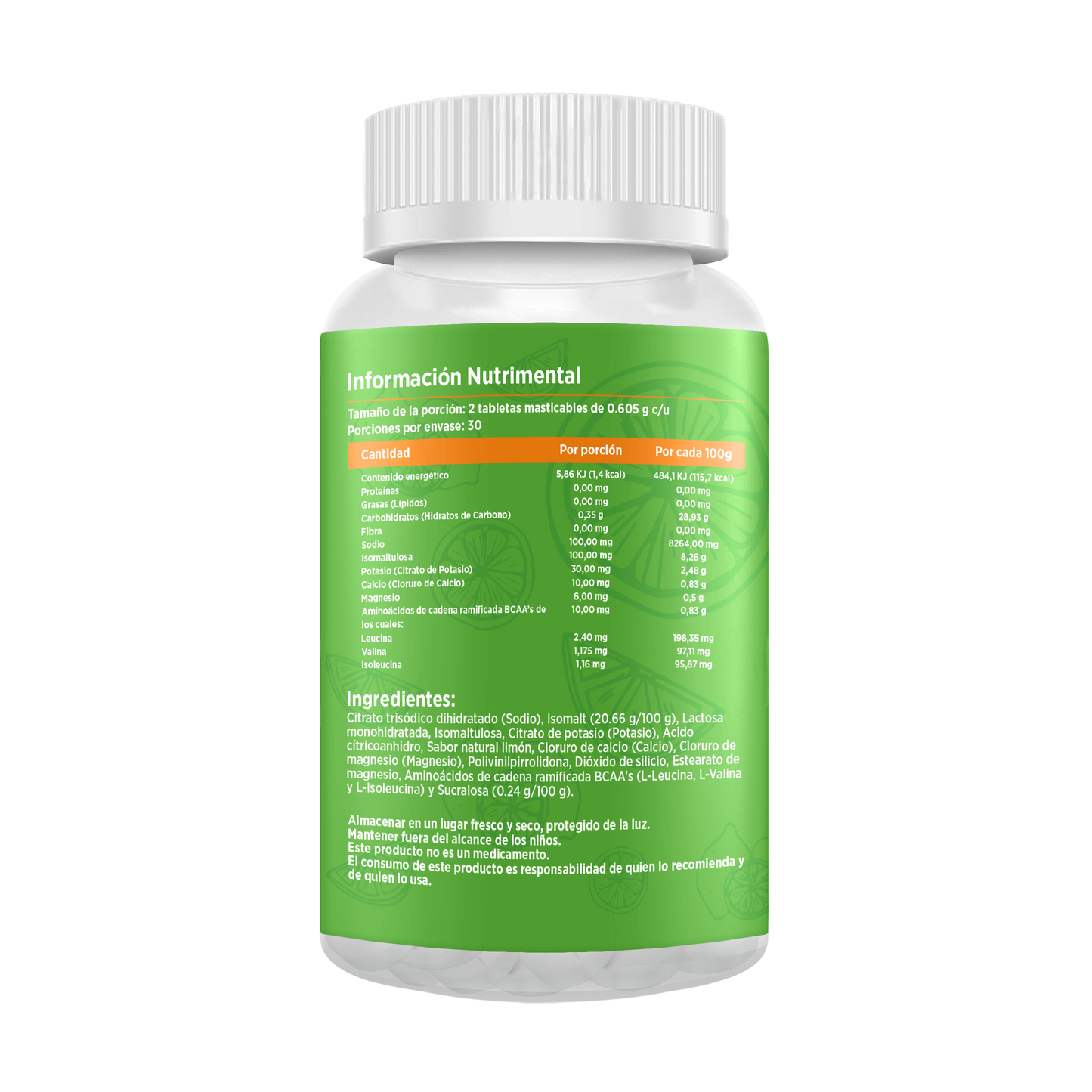 Electrolitos Masticables sabor Lima-Limón | Frasco con 60 tabletas (30 dosis)