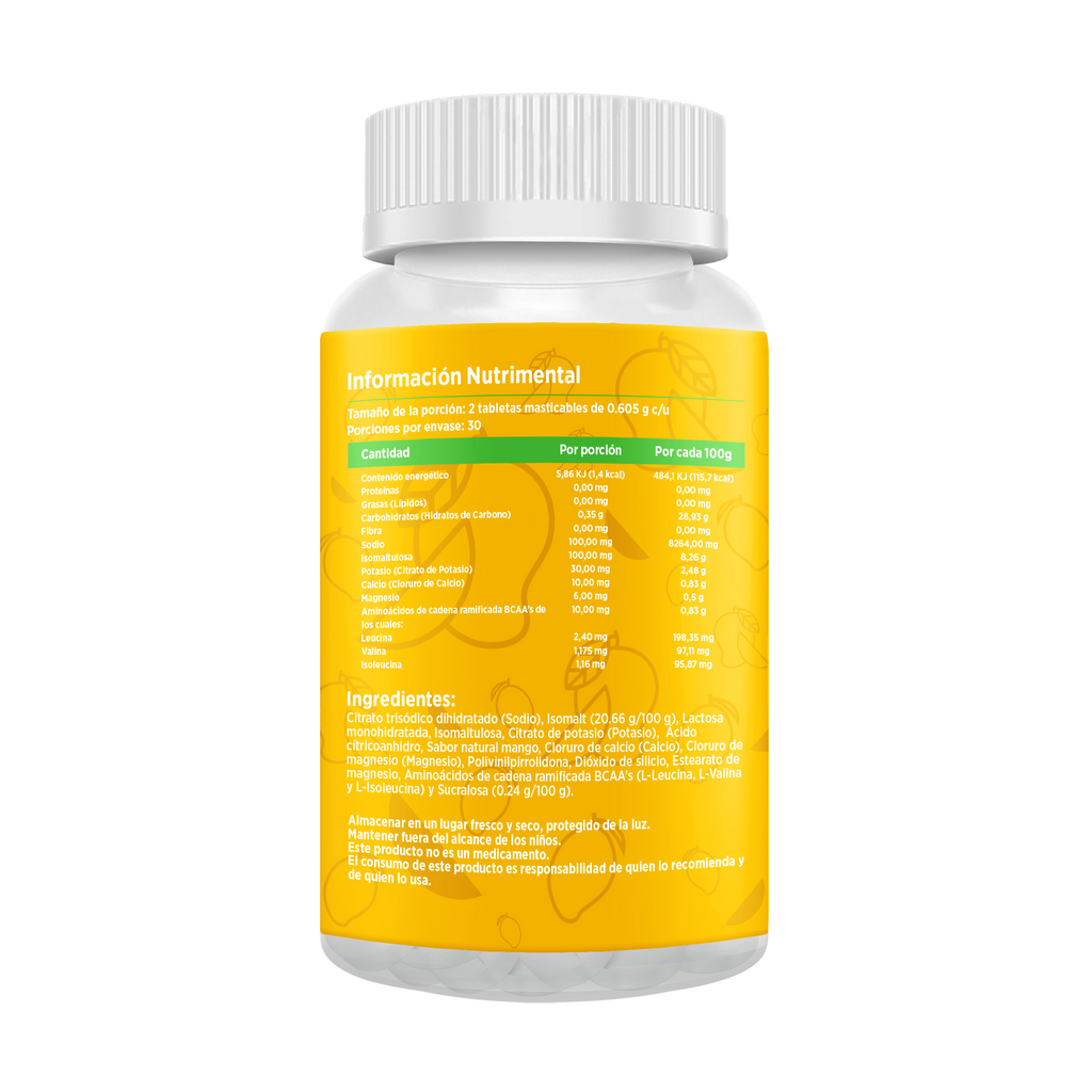 Electrolitos Masticables sabor Mango | Frasco con 60 tabletas (30 dosis)
