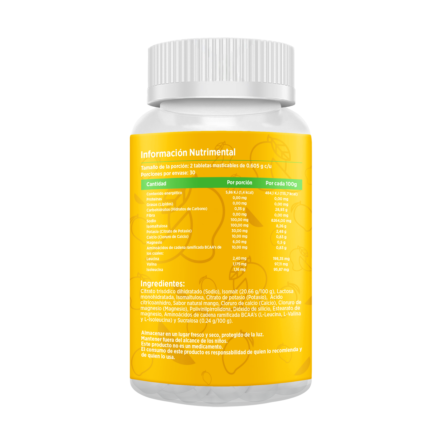Electrolitos Masticables sabor Mango | Frasco con 60 tabletas (30 dosis)