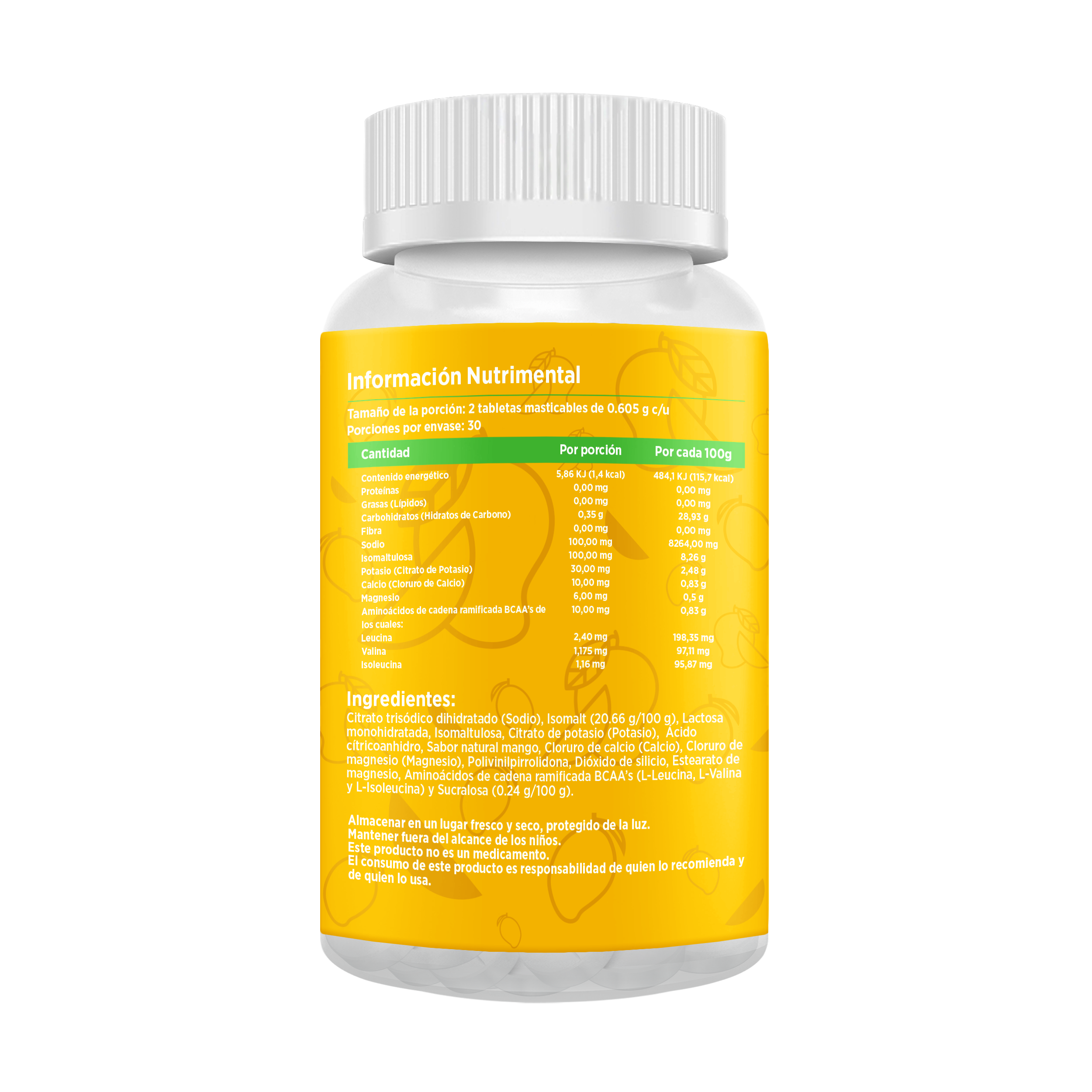 Electrolitos Masticables sabor Mango | Frasco con 60 tabletas (30 dosis)