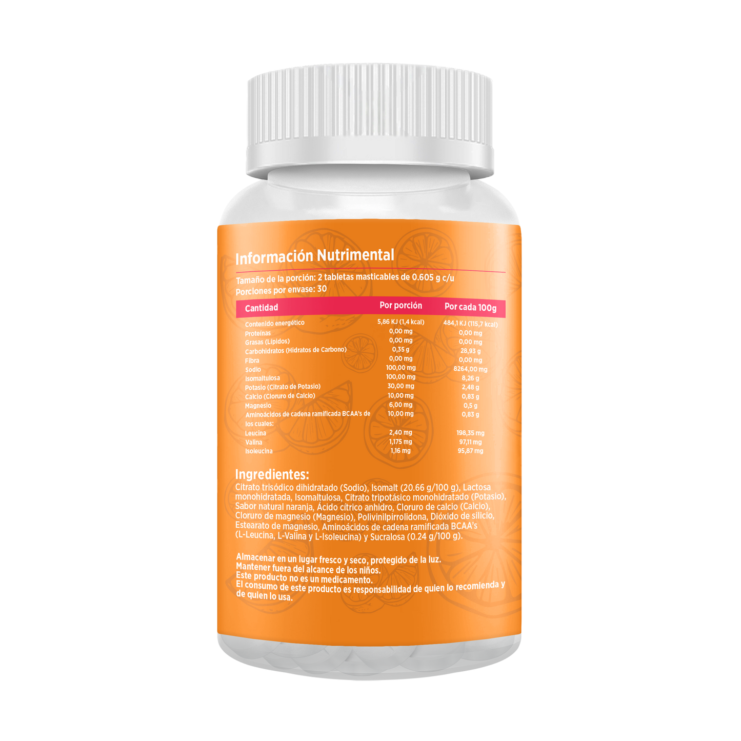 Electrolitos Masticables sabor Naranja | Frasco con 60 tabletas (30 dosis)