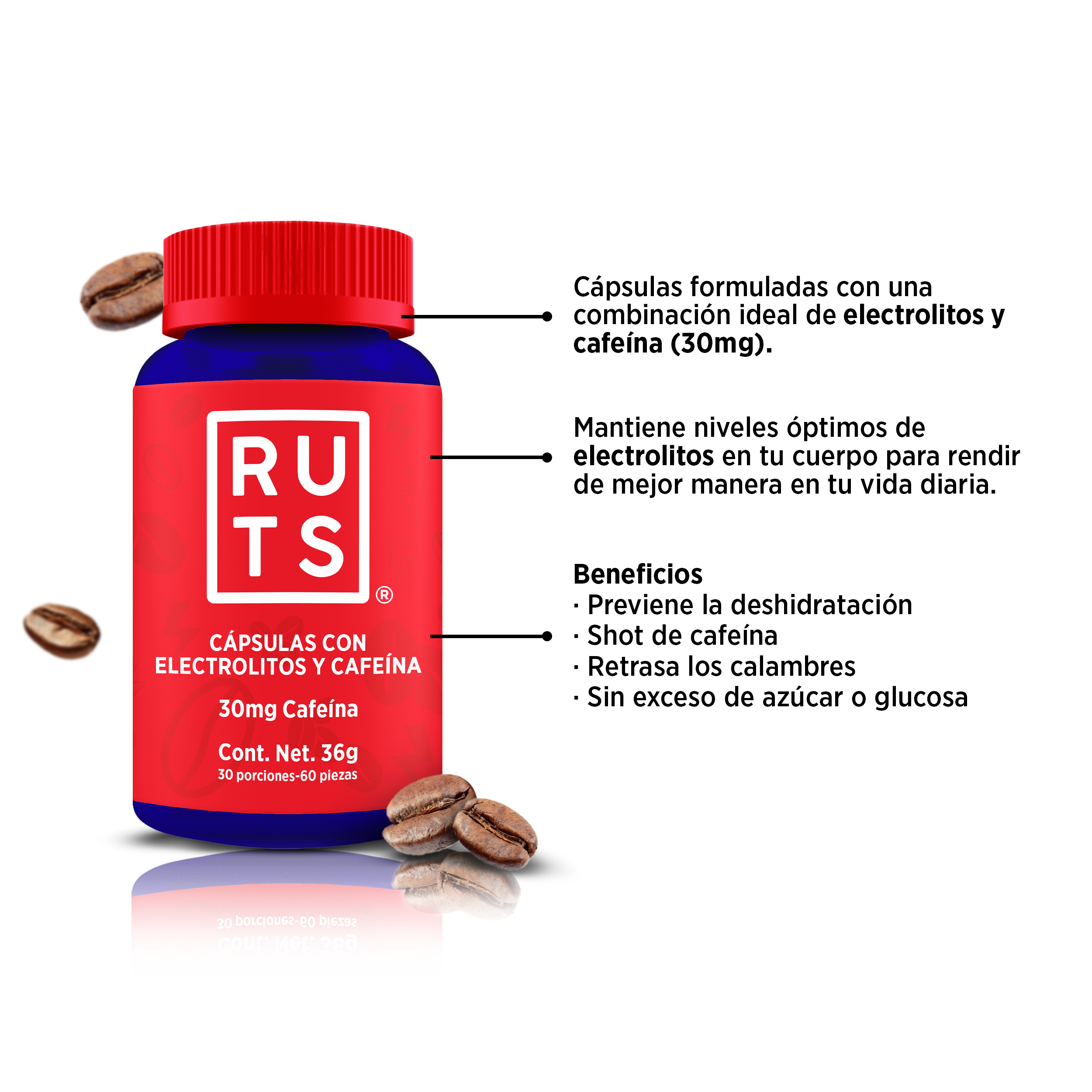 Electrolitos + 30mg Cafeína | Frasco con 60 cápsulas (30 dosis)
