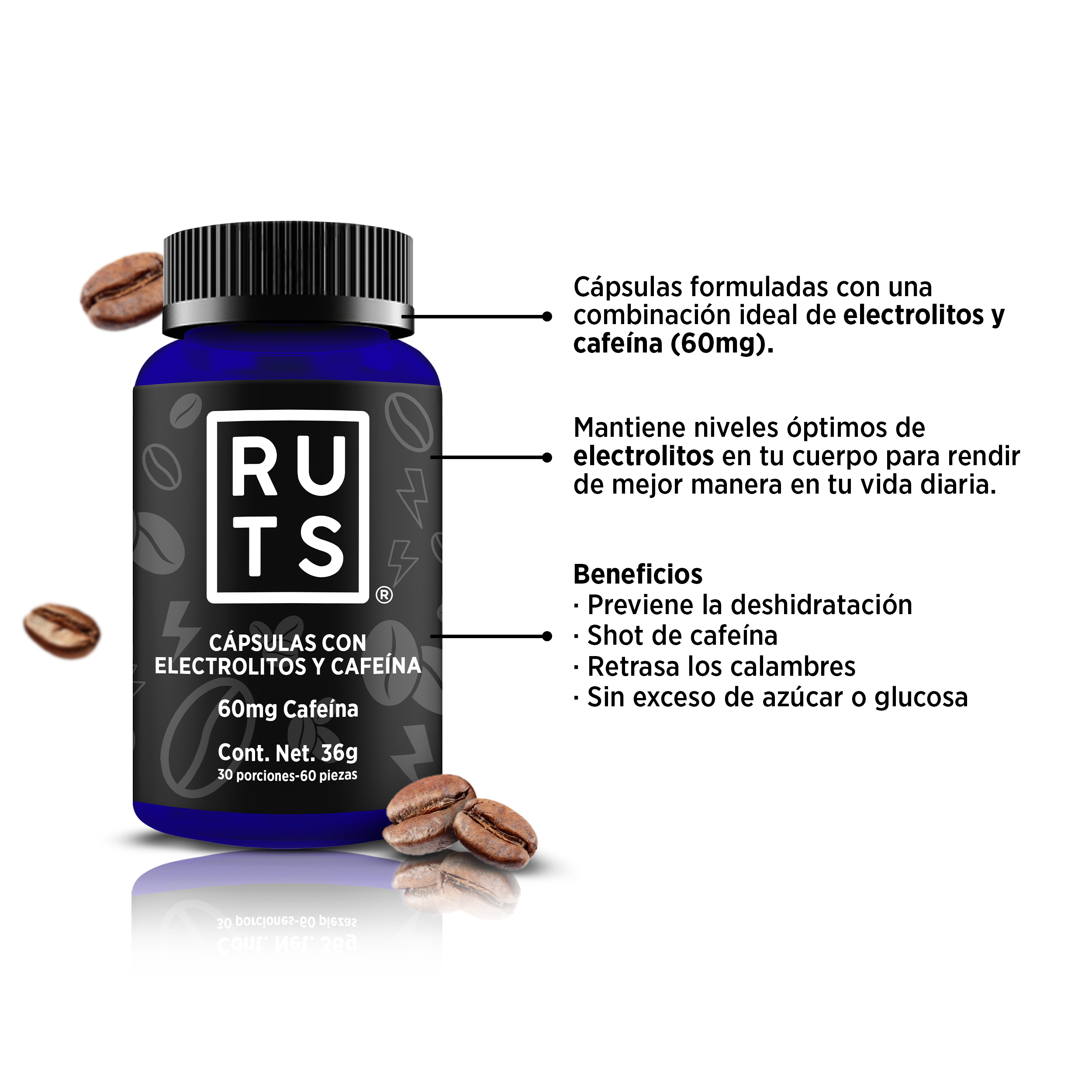 Electrolitos + 60mg Cafeína | Frasco con 60 cápsulas (30 dosis)