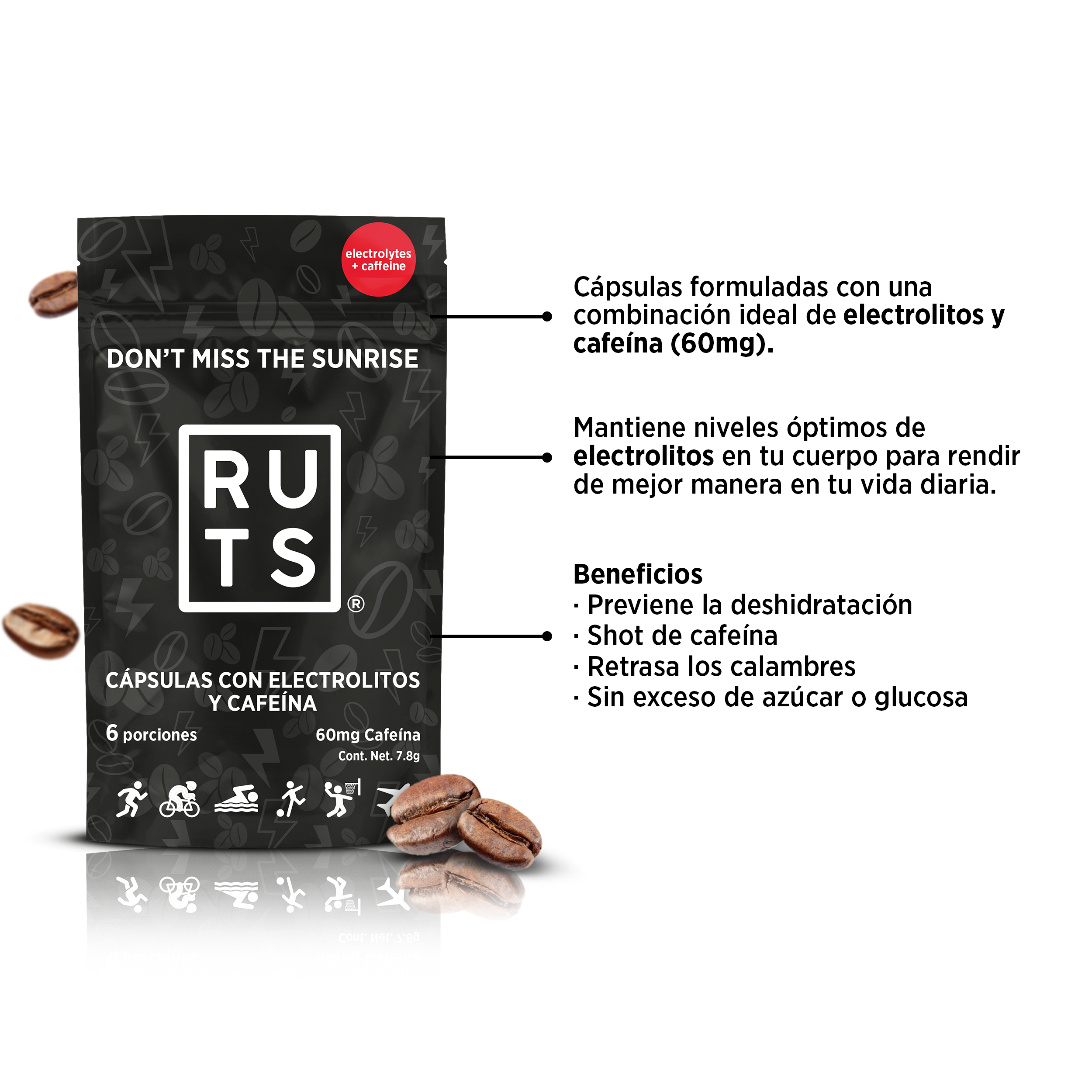 Electrolitos + 60mg Cafeína | Caja con 12 sobres de 6 dosis c/u