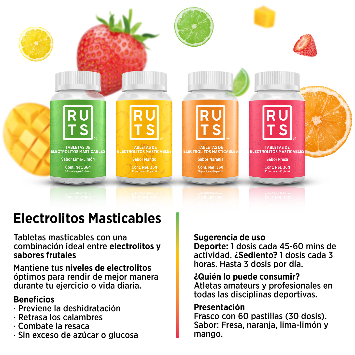 Electrolitos Masticables sabor Lima-Limón | Frasco con 60 tabletas (30 dosis)