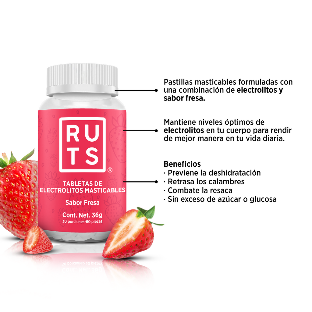 Electrolitos Masticables sabor Fresa | Frasco con 60 tabletas (30 dosis)