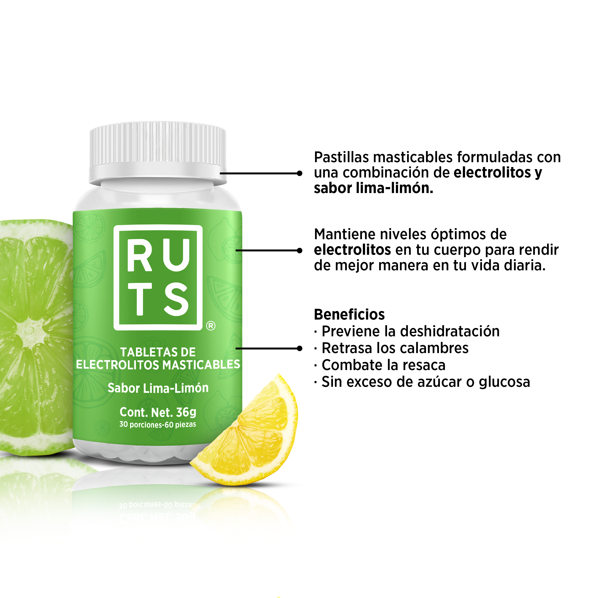 Electrolitos Masticables sabor Lima-Limón | Frasco con 60 tabletas (30 dosis)