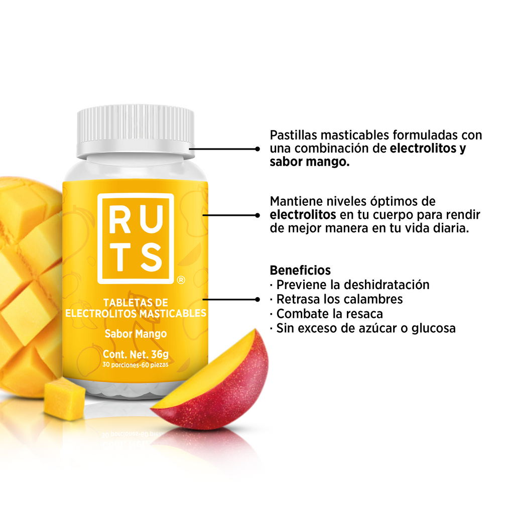 Electrolitos Masticables sabor Mango | Frasco con 60 tabletas (30 dosis)