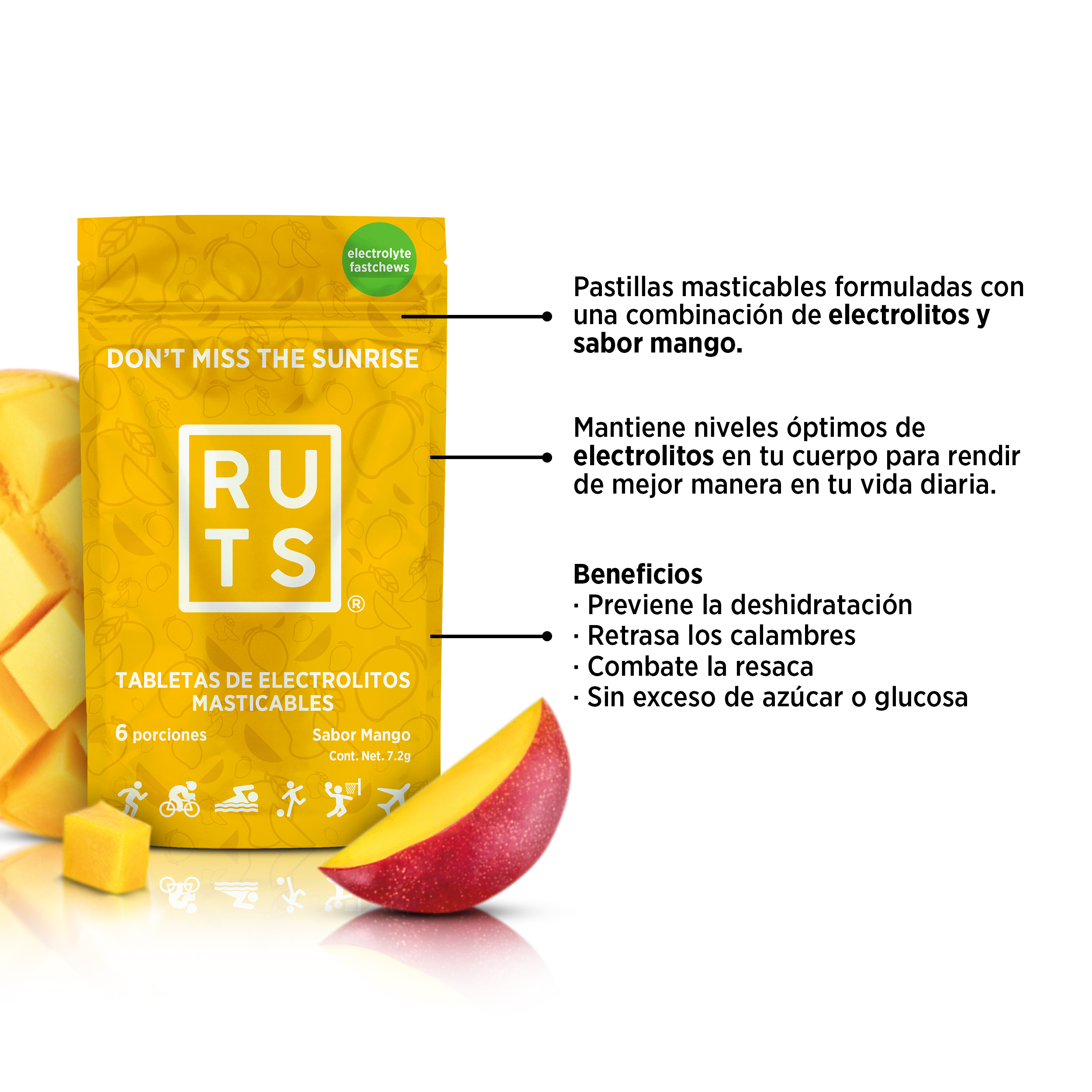Electrolitos masticables sabor Mango | Caja con 12 sobres de 6 dosis c/u