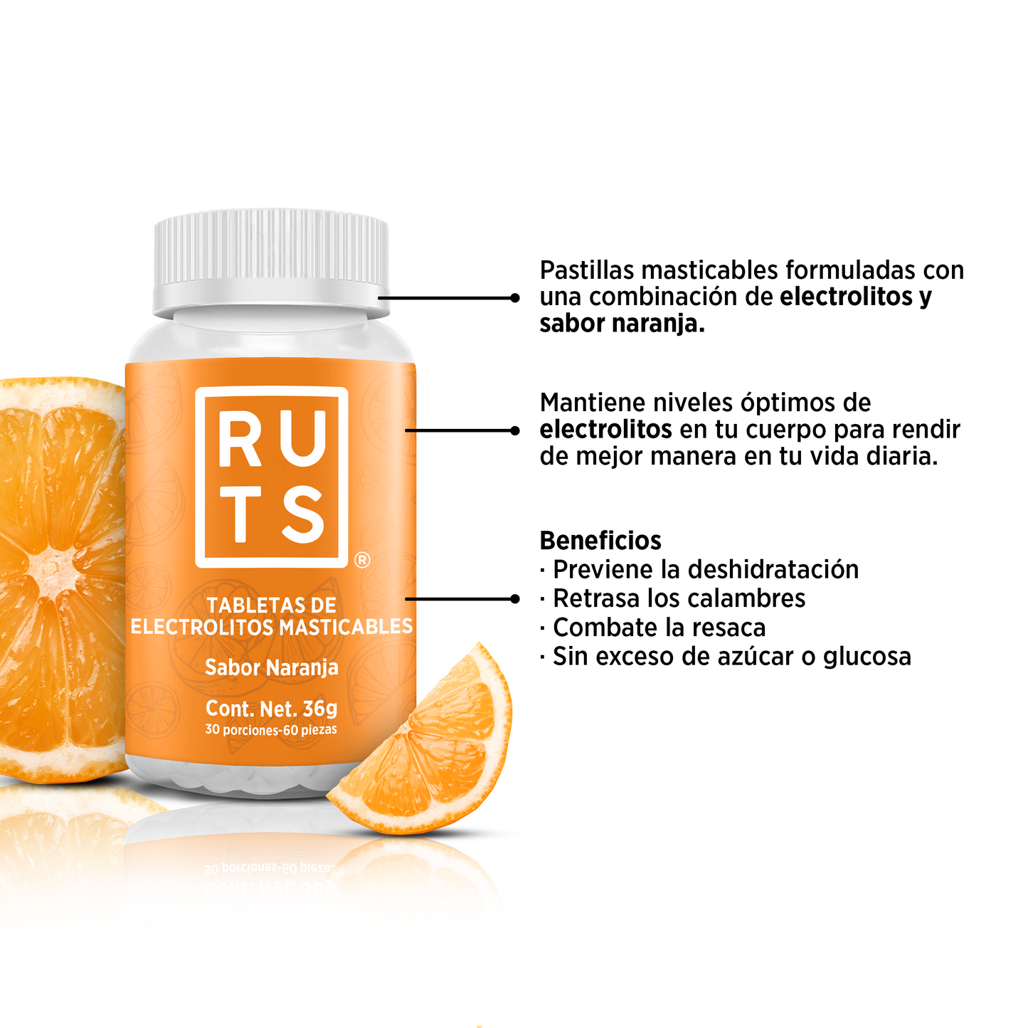 Electrolitos Masticables sabor Naranja | Frasco con 60 tabletas (30 dosis)
