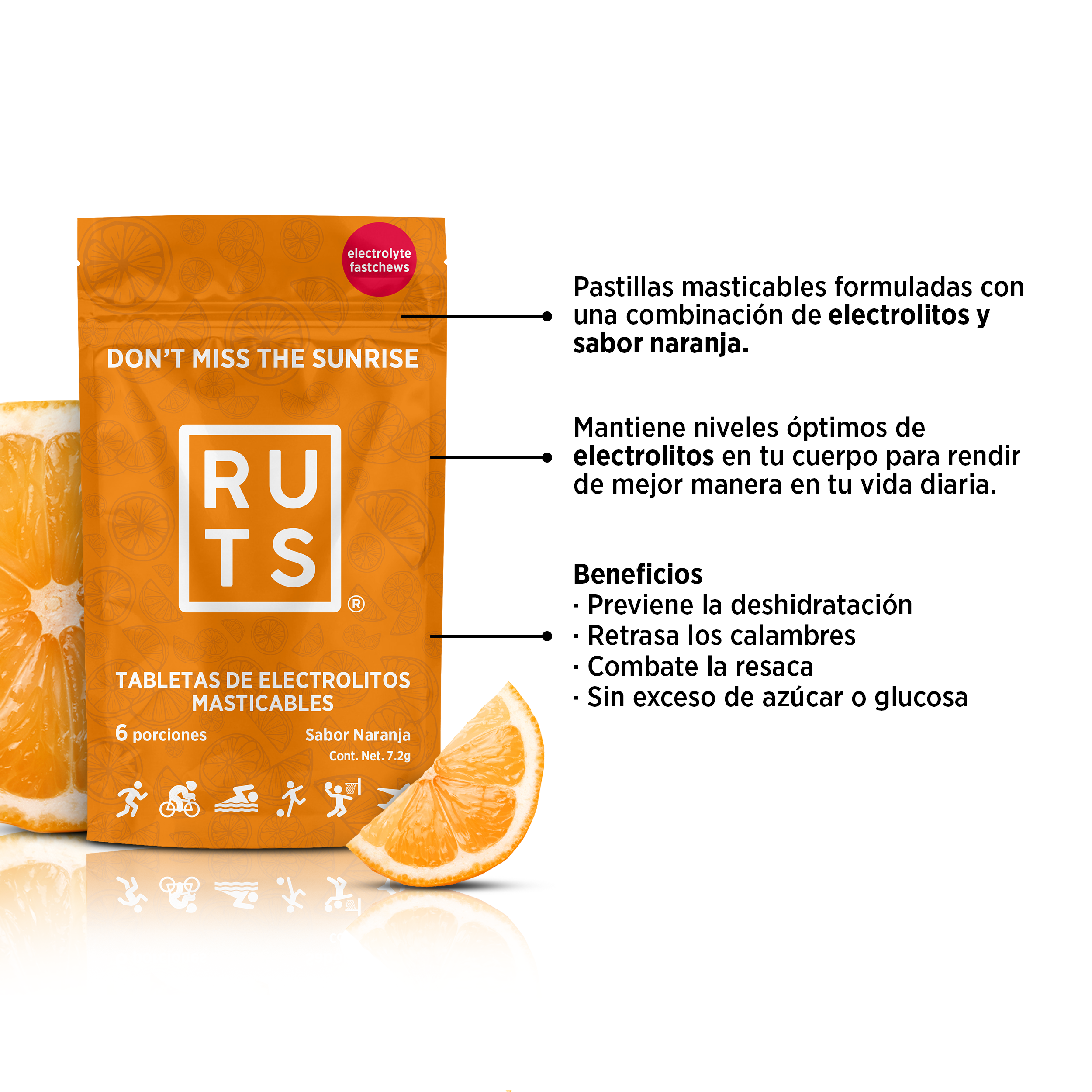 Electrolitos masticables sabor Naranja | Caja con 12 sobres de 6 dosis c/u