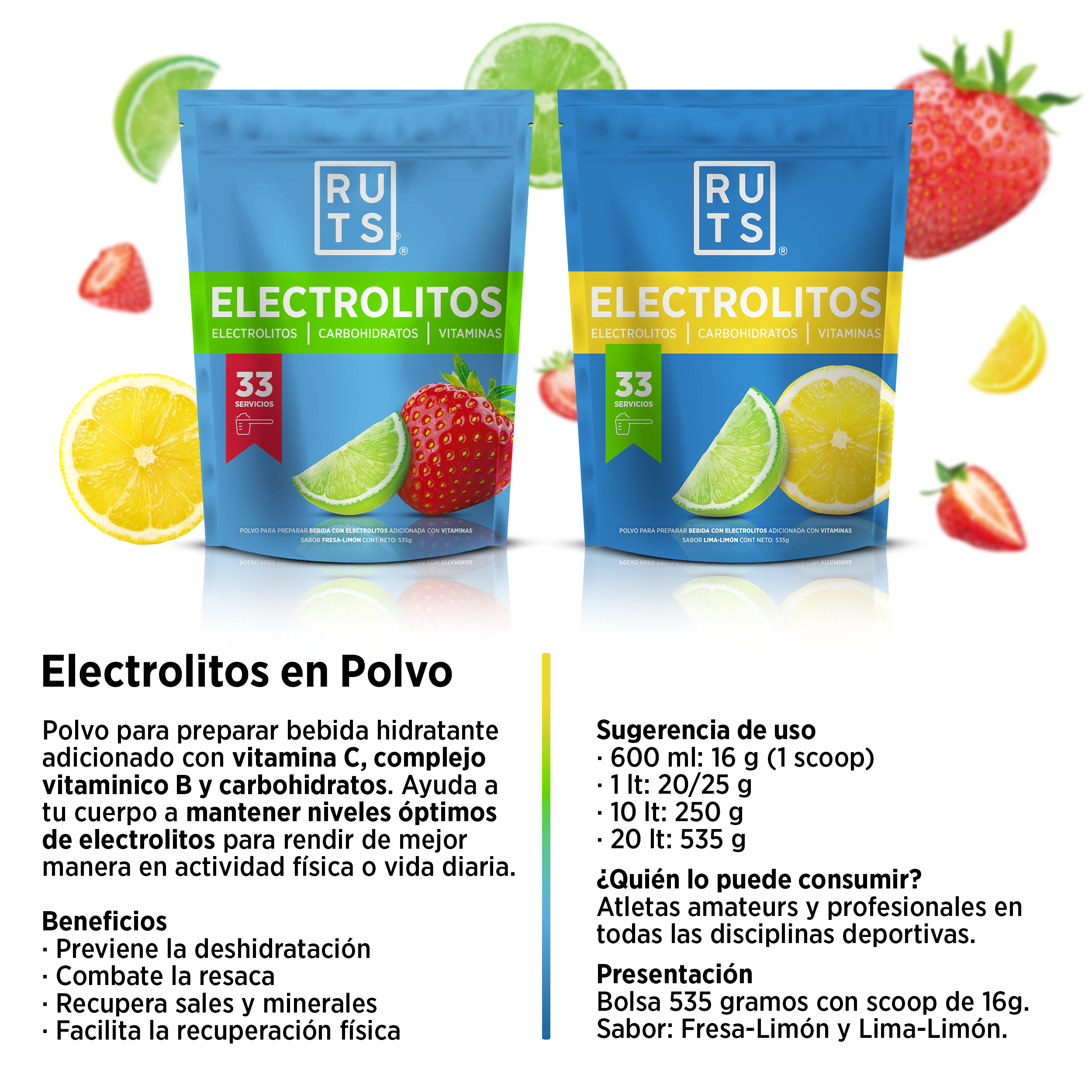 Electrolitos en Polvo + Vitaminas + Carbohidratos sabor Fresa-Limón