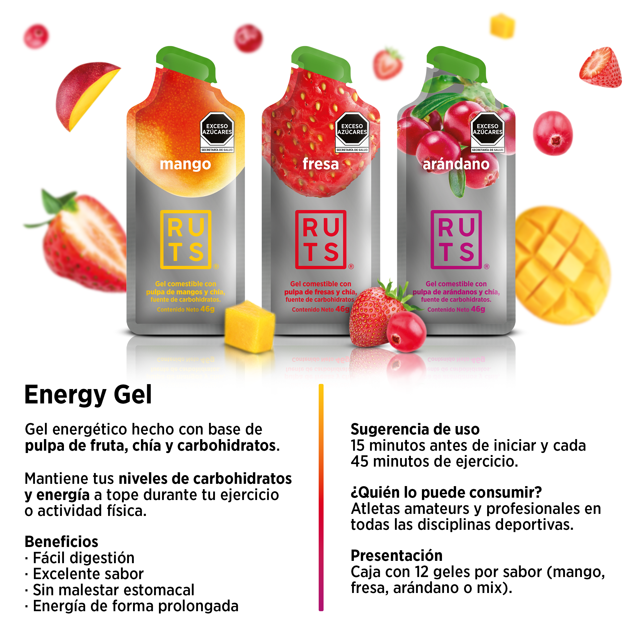 Geles Energéticos Mix de Sabores (Arándano, Fresa y Mango)