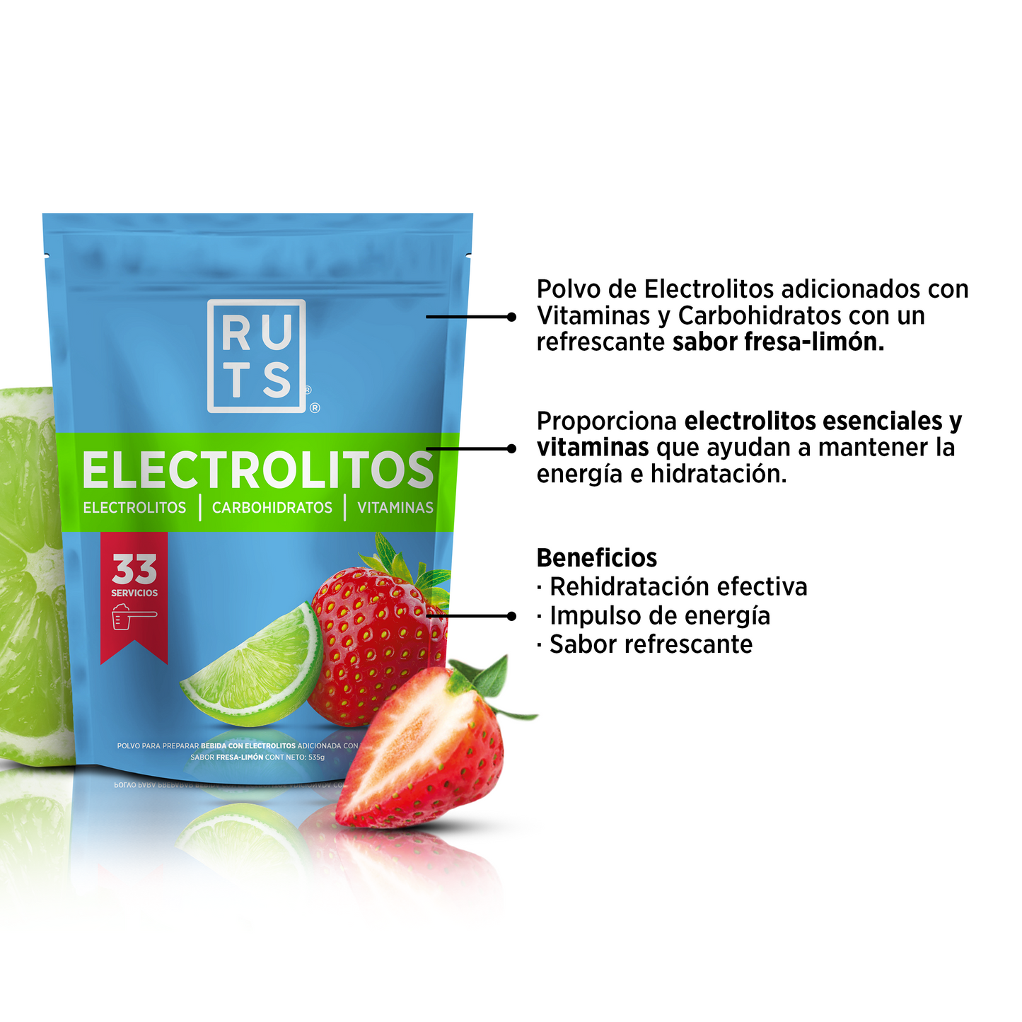 Electrolitos en Polvo + Vitaminas + Carbohidratos sabor Fresa-Limón